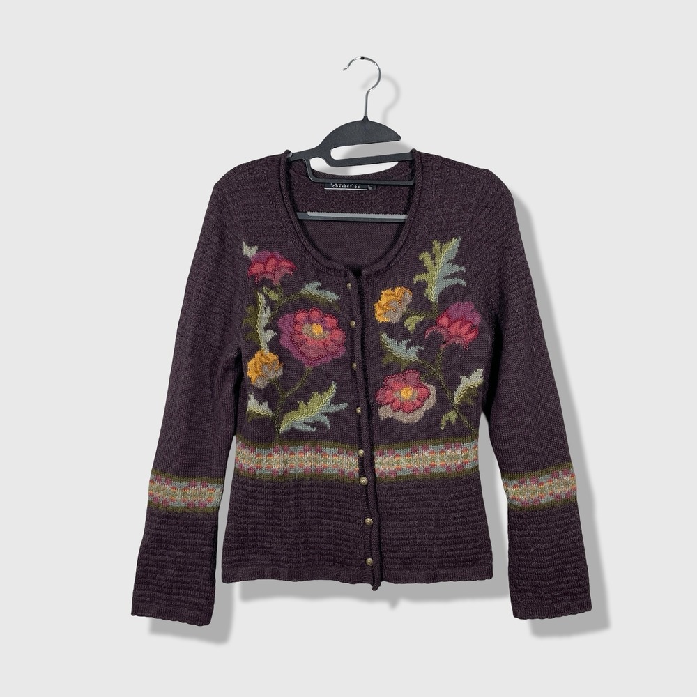 Peruvian Connection Cardigan Women XS Purple Floral Alpaca Boho‎ Cottagecore